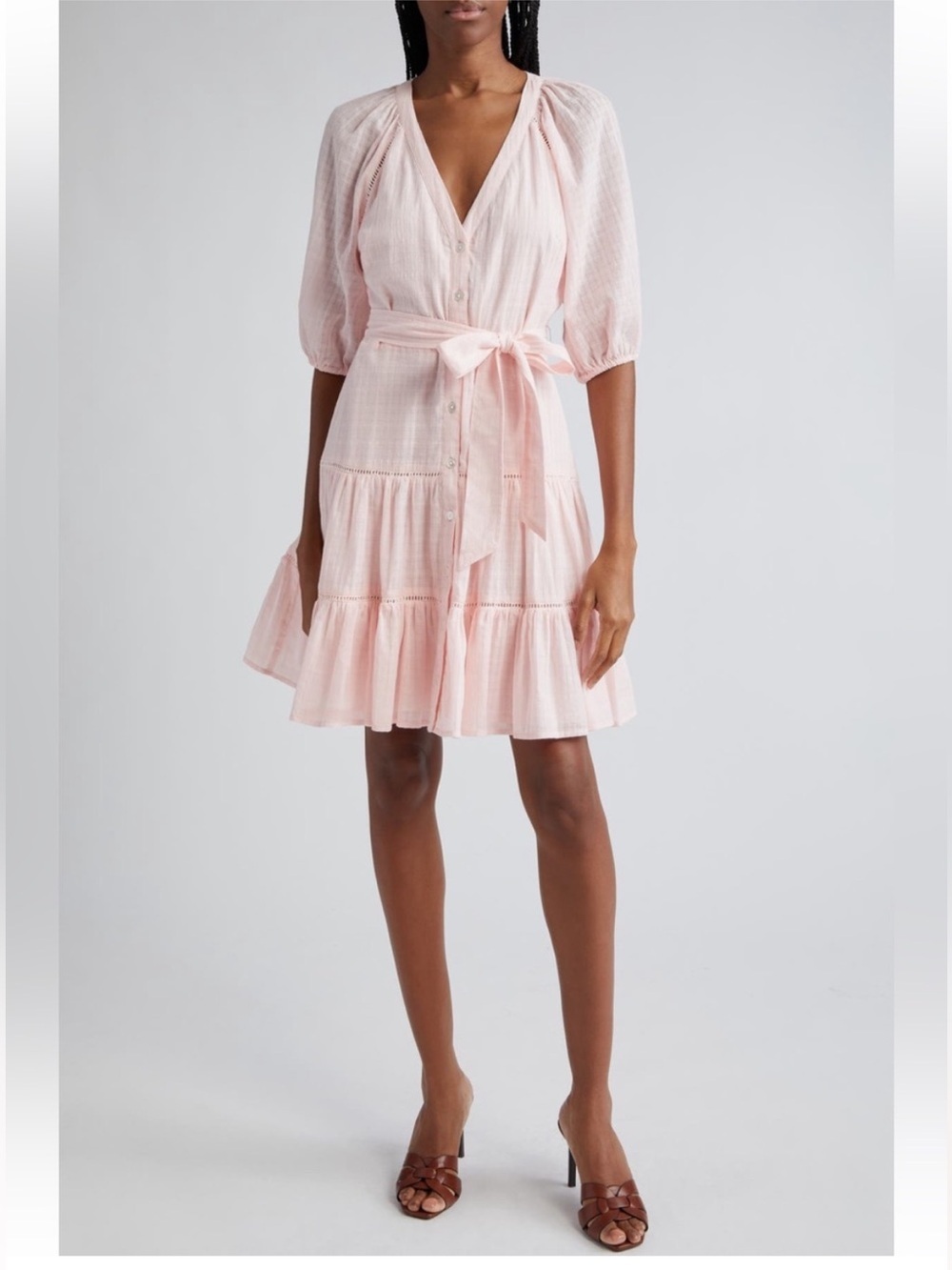Veronica Beard Dewey Mini Dress Light Pink Haze Tiered Flounce Skirt Waist Tie